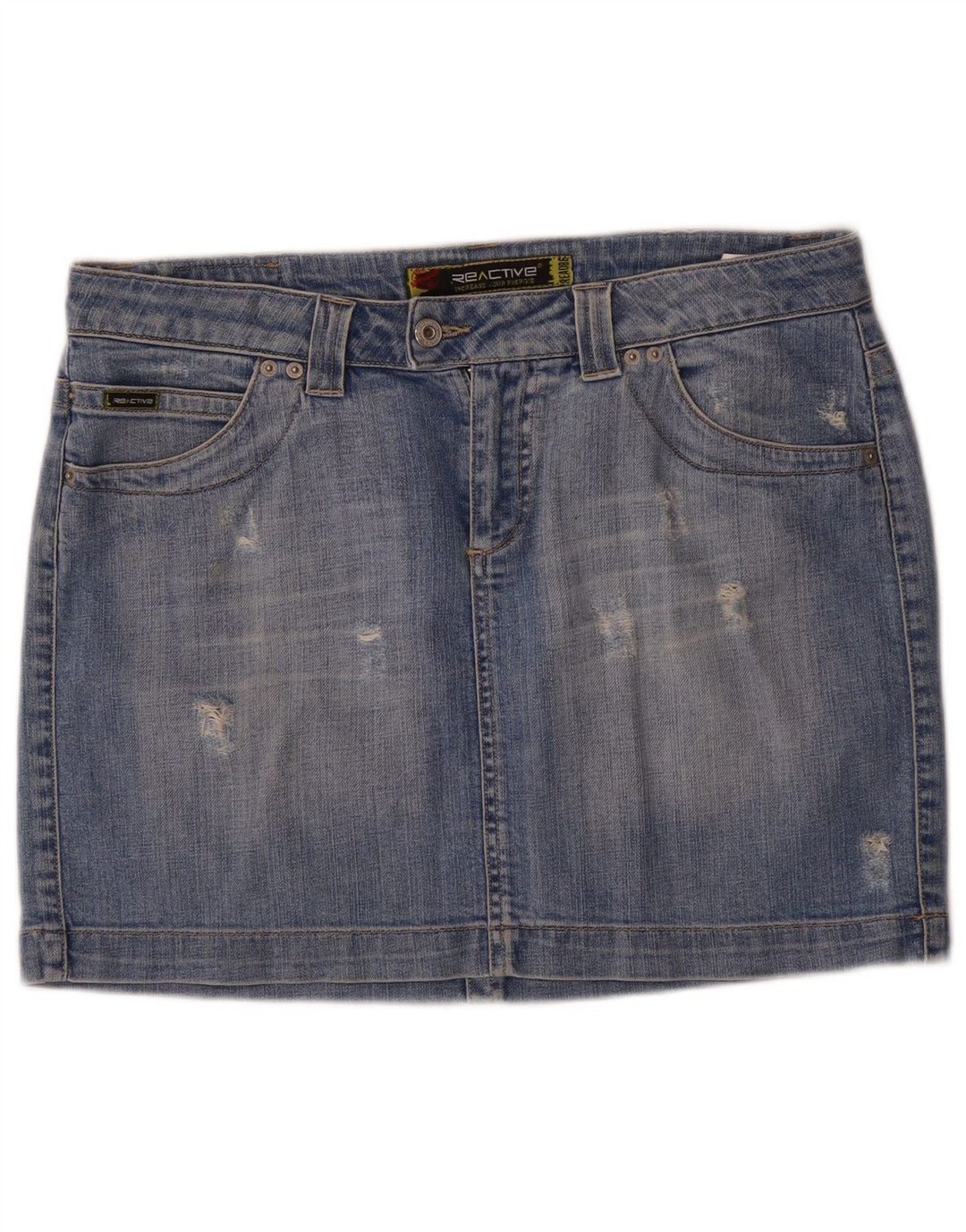 Mini saia jeans vintage feminina desgastada W31 algodão azul médio