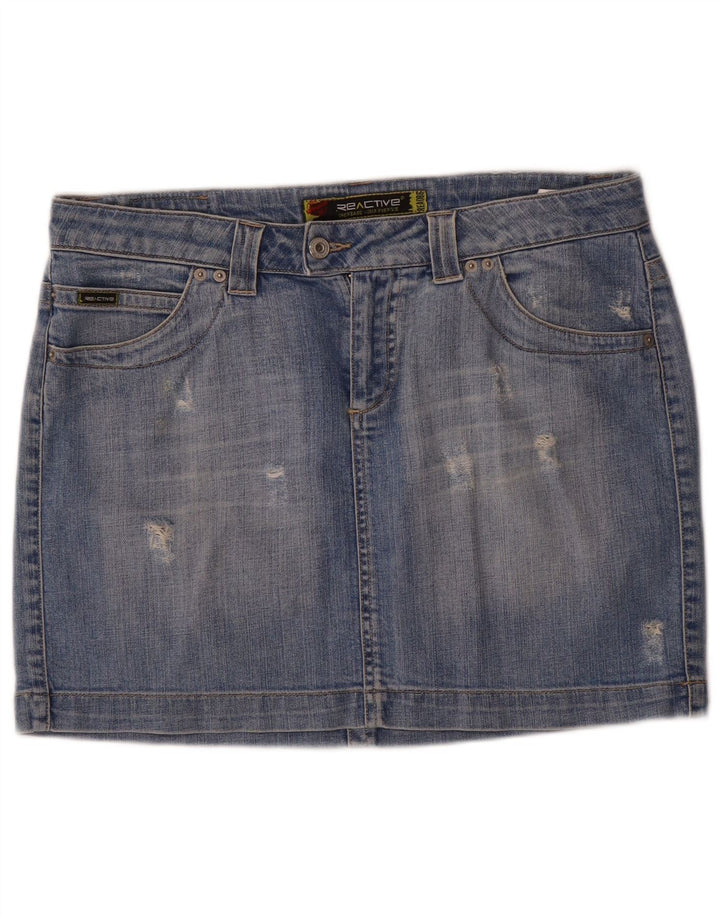 Mini saia jeans vintage feminina desgastada W31 algodão azul médio