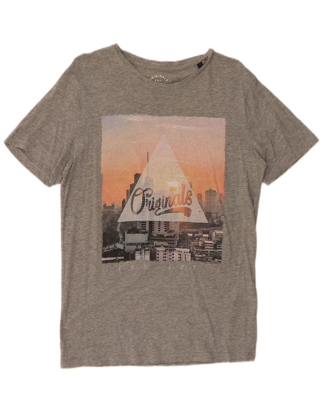 JACK & JONES Camiseta masculina gráfica grande algodão manchado cinza