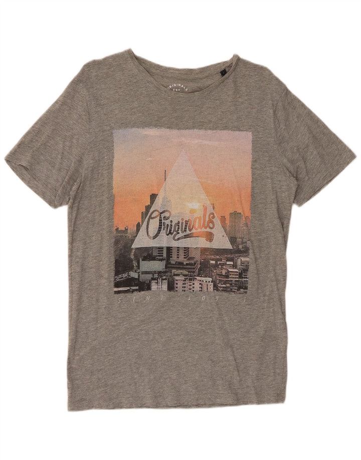 JACK & JONES Camiseta masculina gráfica grande algodão manchado cinza