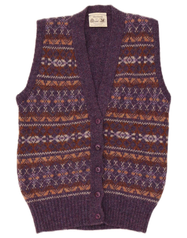 Suéter cardigã feminino vintage sem mangas UK 36 Small Purple Fair Isle