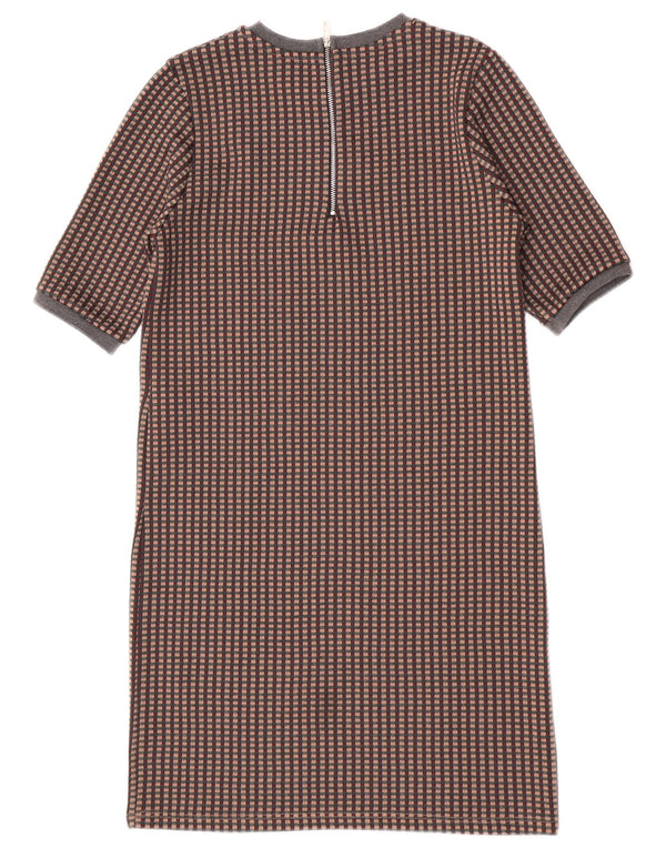 Vestido jumper feminino Zara de mangas curtas Reino Unido 10 pequeno poliéster xadrez marrom