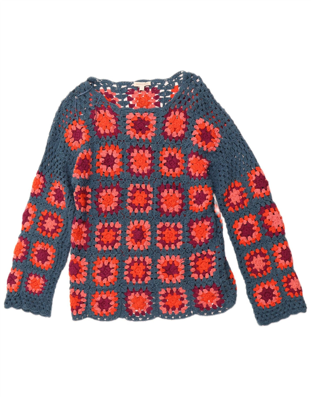 Suéter feminino de crochê com gola canoa MONSOON Reino Unido 10 pequeno xadrez azul