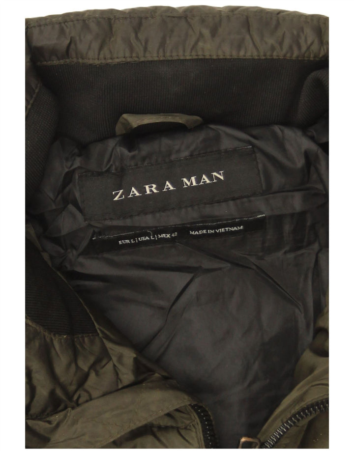 Jaqueta acolchoada com capuz masculina Zara UK 40 grande caqui nylon