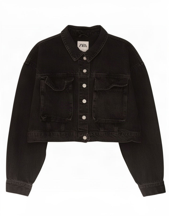Jaqueta jeans feminina Zara UK 16 grande algodão preto
