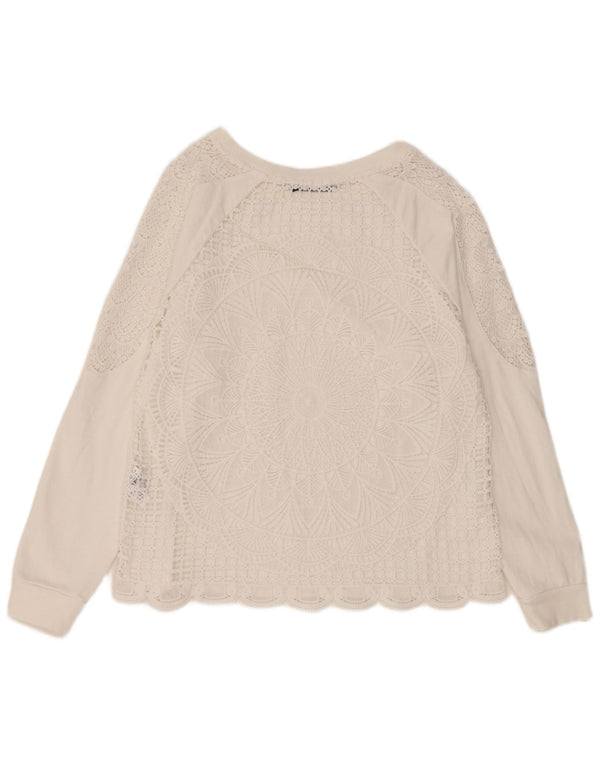 Top de renda feminino Desigual manga comprida Reino Unido 16 grande algodão floral branco