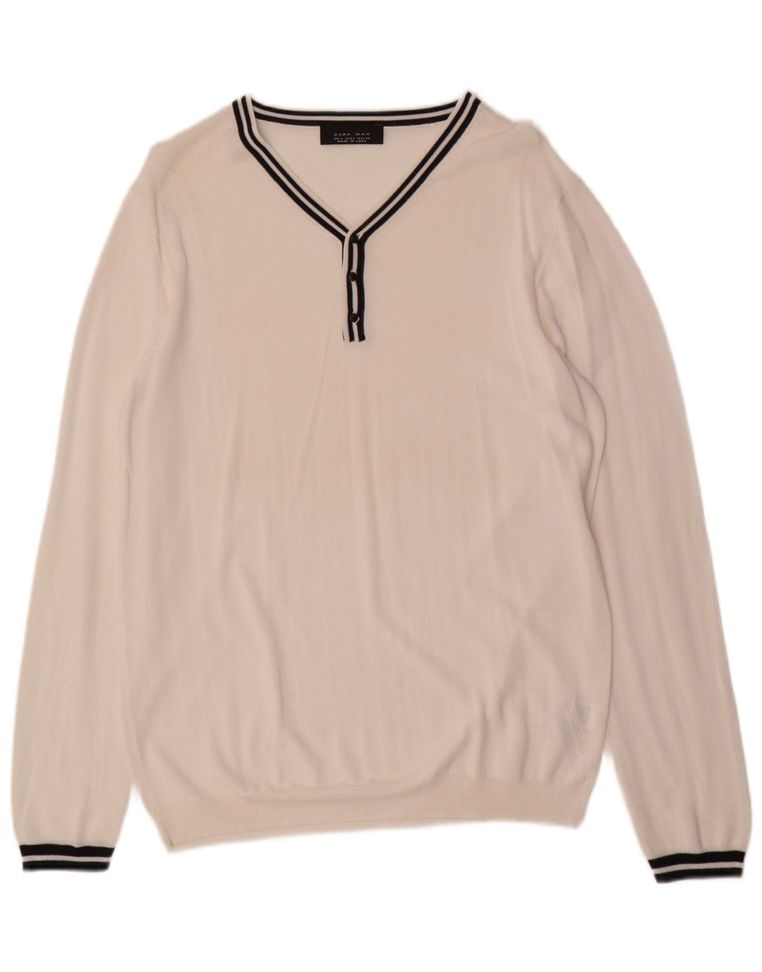 ZARA Suéter masculino com decote em V, grande, branco, viscose colorblock