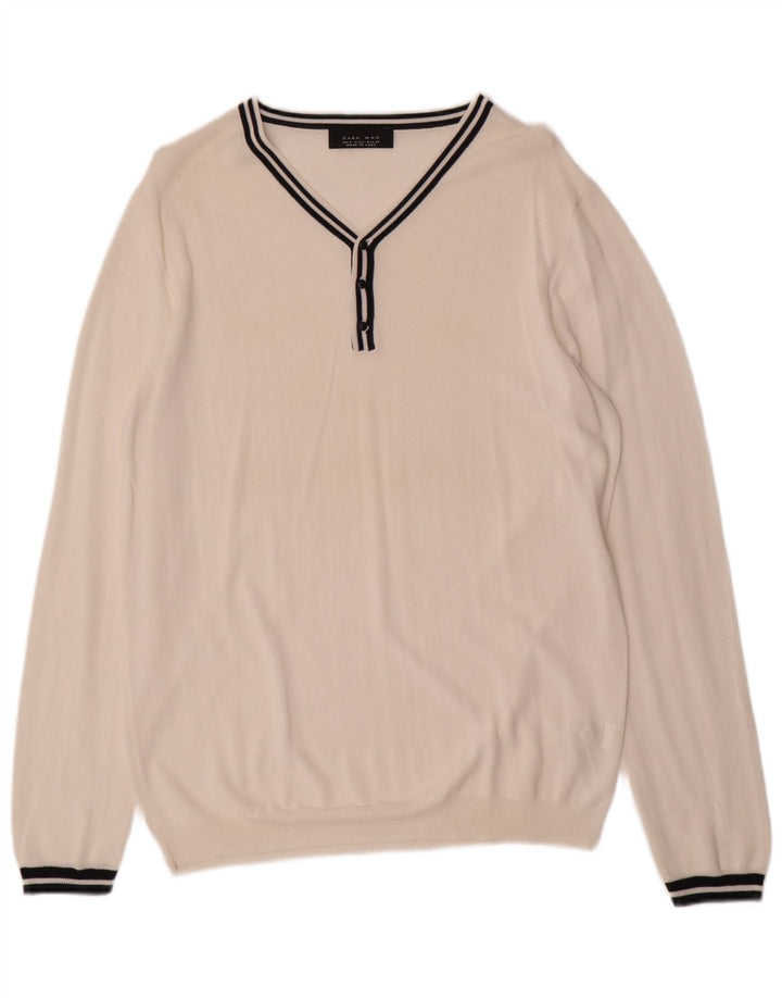ZARA Suéter masculino com decote em V, grande, branco, viscose colorblock