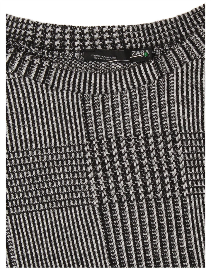 Top feminino Zara manga comprida UK 14 cinza médio houndstooth poliéster