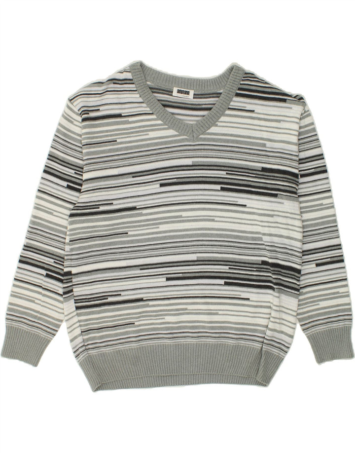 VINTAGE Mens V-Neck Jumper Sweater IT 56 2XL Grey Striped Cotton Vintage Vintage and Second-Hand Vintage from Messina Hembry 