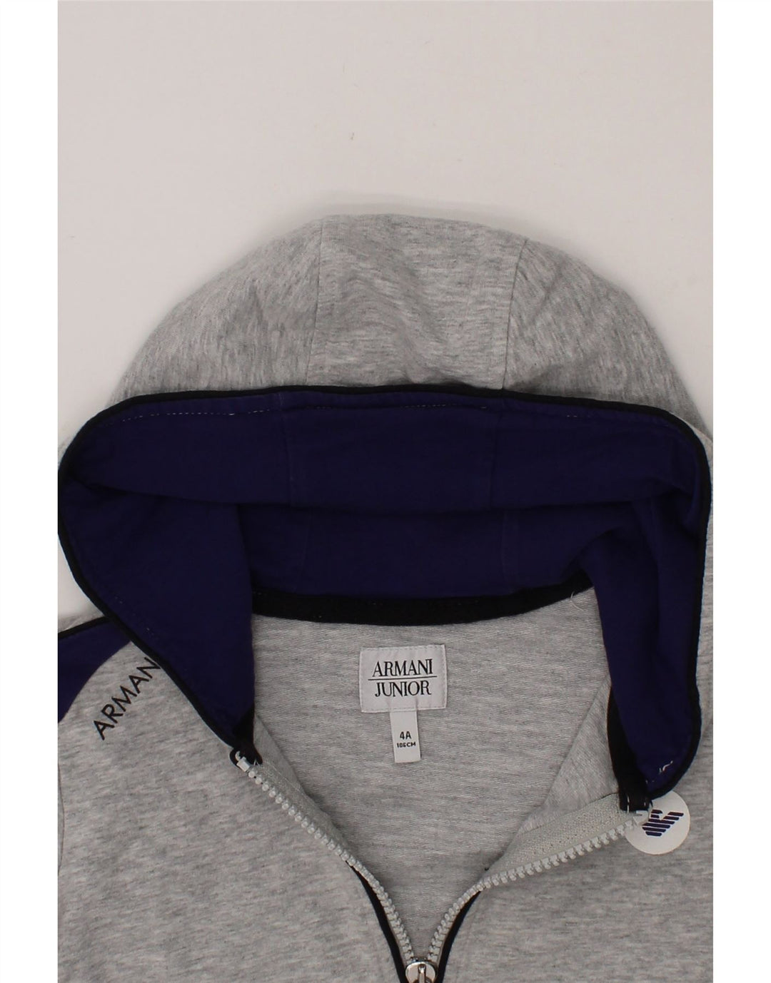 ARMANI JUNIOR Boys Hooded Zip Hoodie Sweater 3-4 Years Grey Colourblock Vintage Armani Junior and Second-Hand Armani Junior from Messina Hembry 
