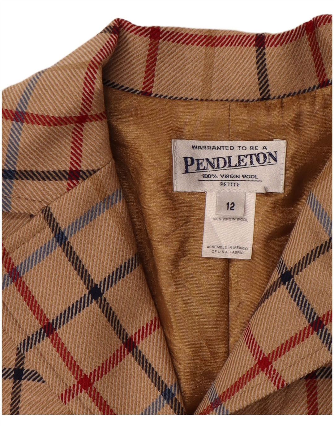 Jaqueta blazer feminina PENDLETON Petite de 3 botões EUA 12 grande xadrez bege