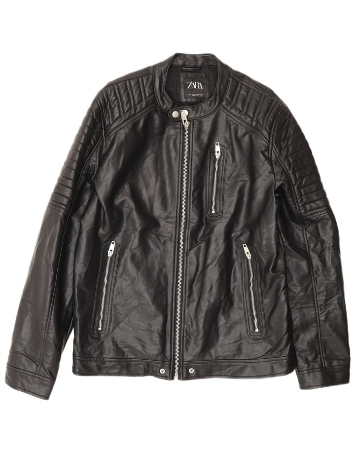 Zara Jaqueta masculina de couro sintético UK 42 XL poliéster preto