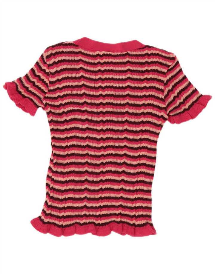 Camiseta feminina Zara UK 8 pequena listrada rosa poliéster