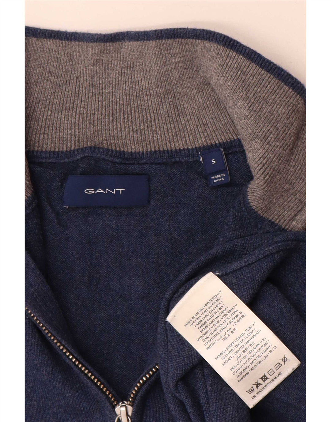 Suéter masculino Gant com zíper e gola pequena de algodão azul