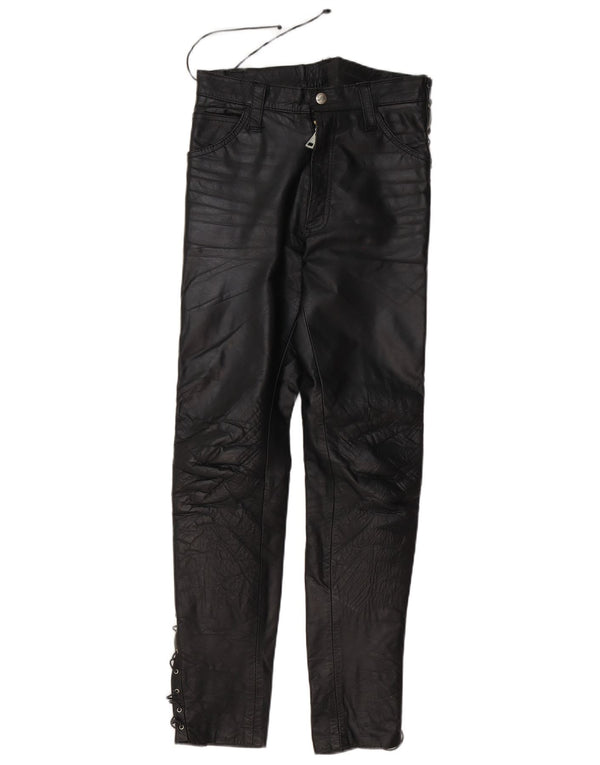 Calças de couro femininas vintage W30 L30 couro preto