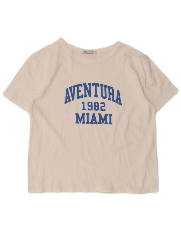 Zara Womens Graphic T-Shirt Top UK 14 Grande Algodão Branco
