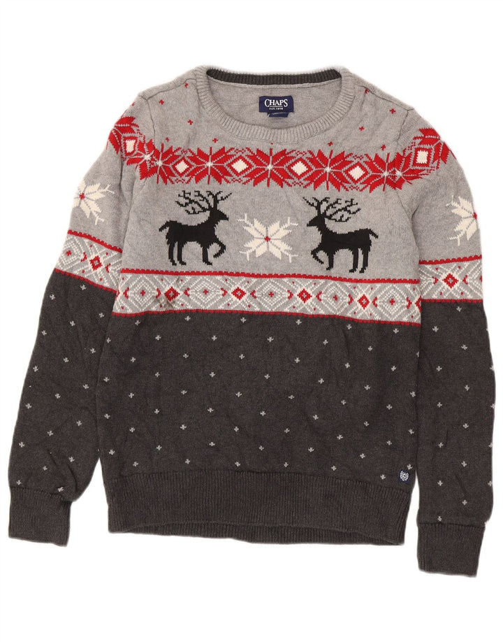 Suéter masculino Chaps com gola canoa pequeno cinza Fair Isle algodão