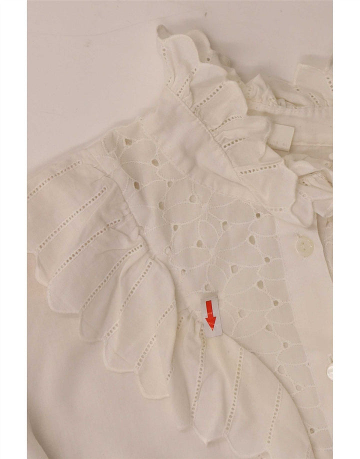 Blusa feminina vintage manga 3/4 com babado frontal Reino Unido 12 médio branco