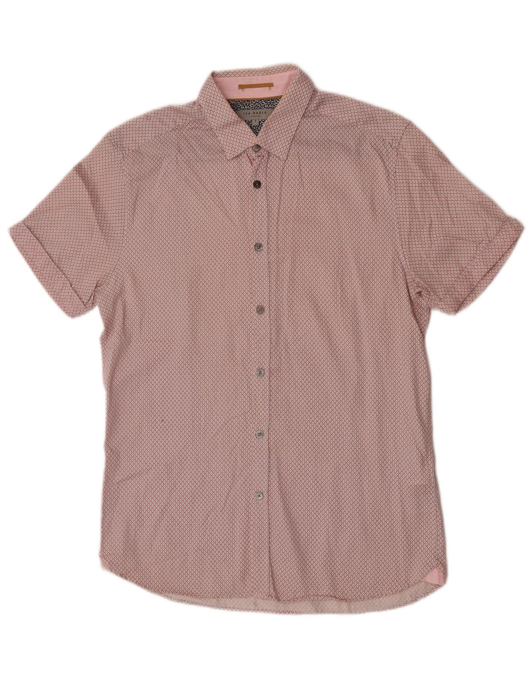 Camisa masculina de manga curta Ted Baker tamanho 3 médio rosa argyle/algodão diamante