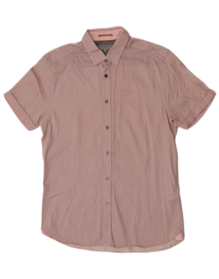 Camisa masculina de manga curta Ted Baker tamanho 3 médio rosa argyle/algodão diamante