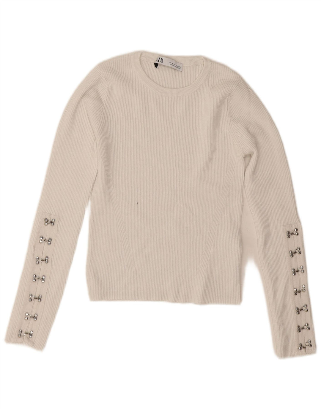 Zara Suéter feminino cropped com gola redonda Reino Unido 12 médio branco viscose