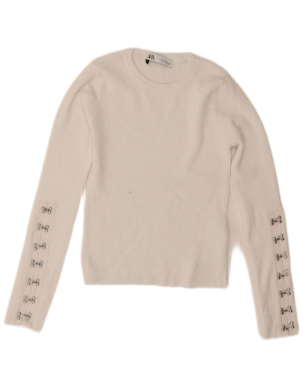Zara Womens Crop Crew Neck Jumper Sweater UK 12 Medium White Viscose