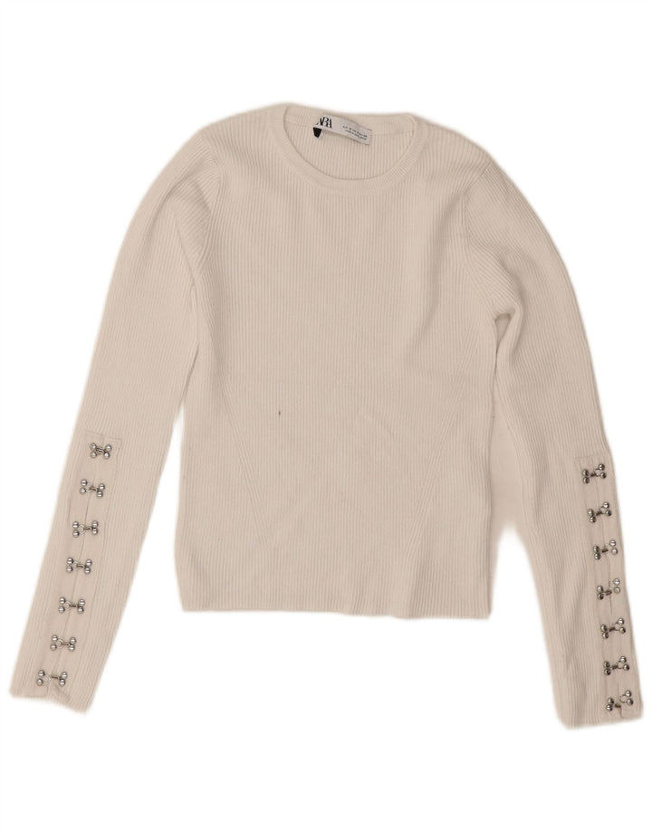 Zara Suéter feminino cropped com gola redonda Reino Unido 12 médio branco viscose