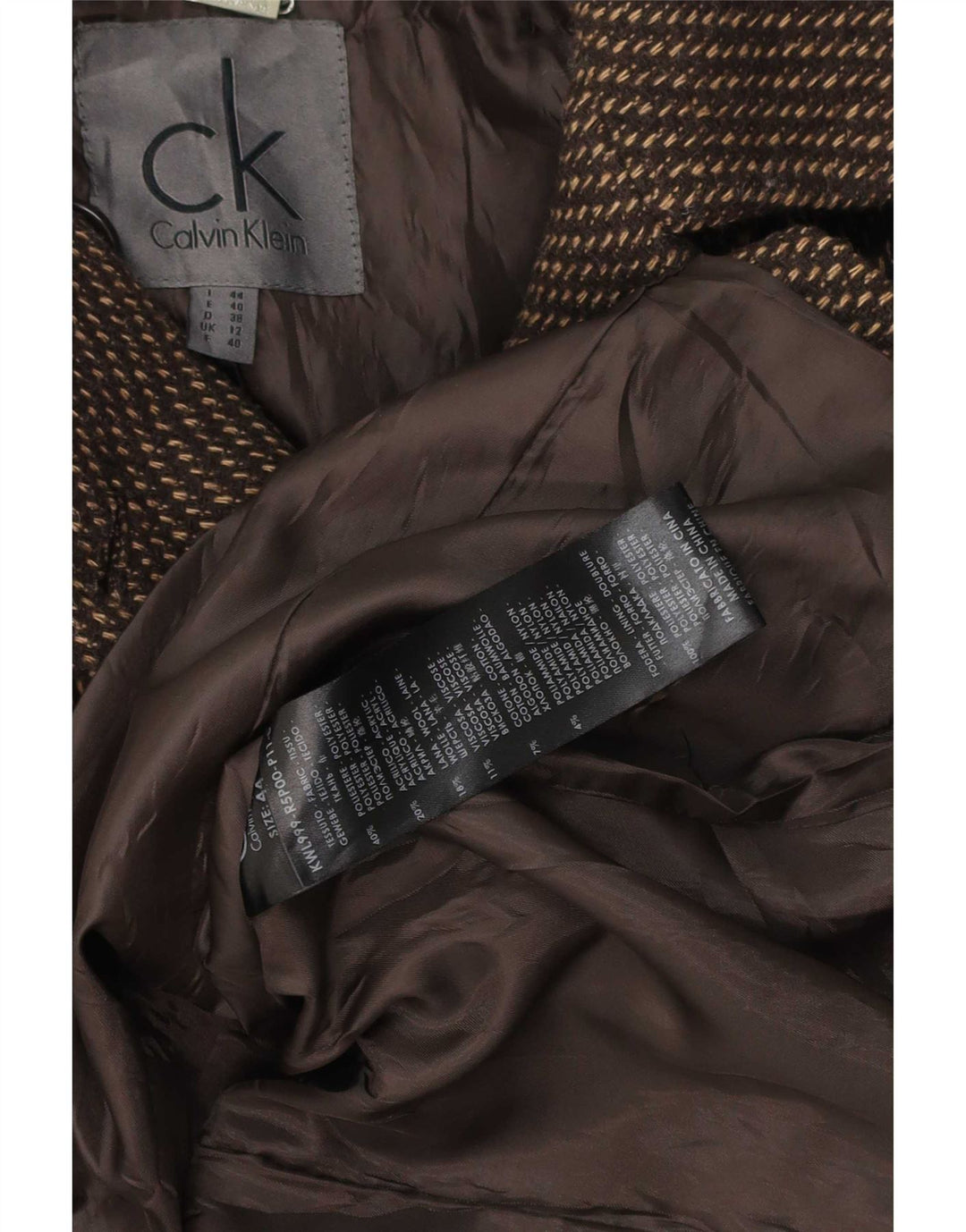 Casaco feminino Calvin Klein com peito duplo UK 12 poliéster marrom médio