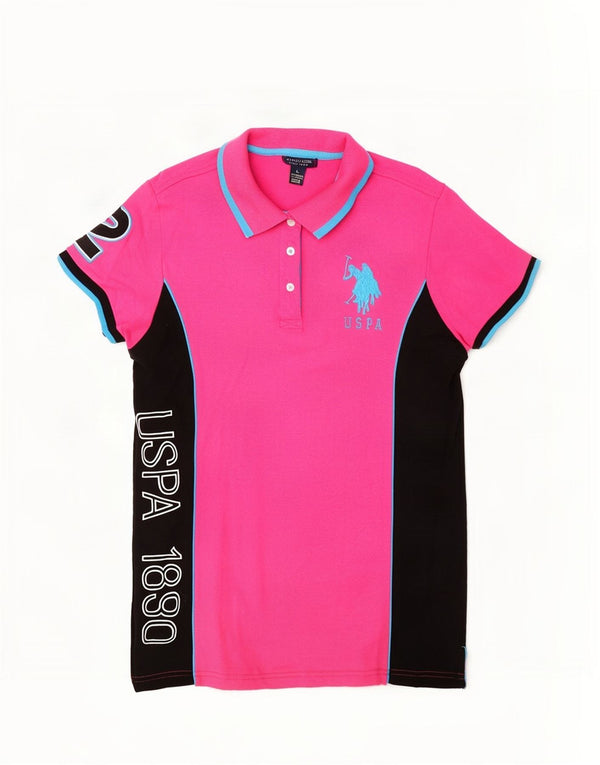 US Polo Assn. Camisa gráfica feminina UK 14 grande bloco colorido rosa
