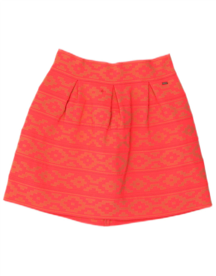 Saia feminina vintage evasê UK 14 médio W28 poliéster geométrico laranja