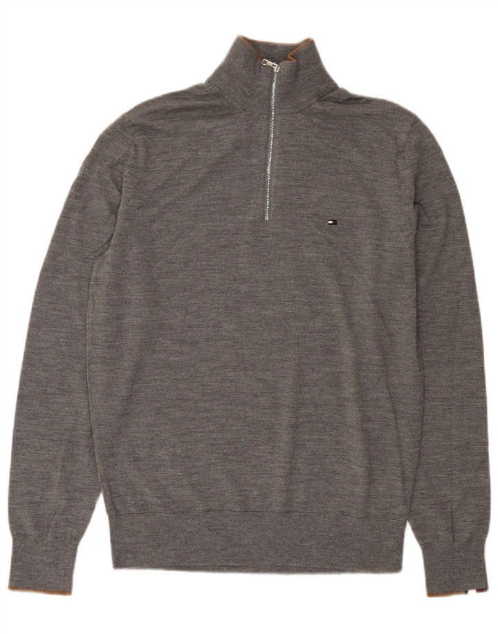 Suéter masculino Tommy Hilfiger com zíper e gola em lã Merino cinza médio