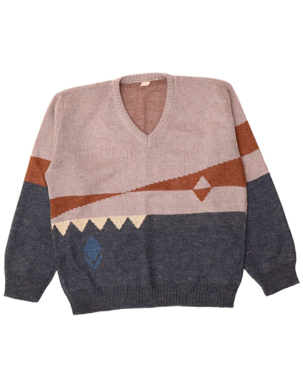 Suéter vintage masculino com decote em V IT 56 XL azul marinho colorblock