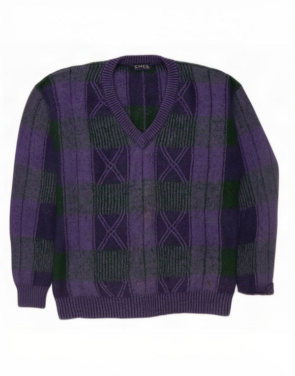 Suéter masculino vintage com decote em V XL xadrez roxo