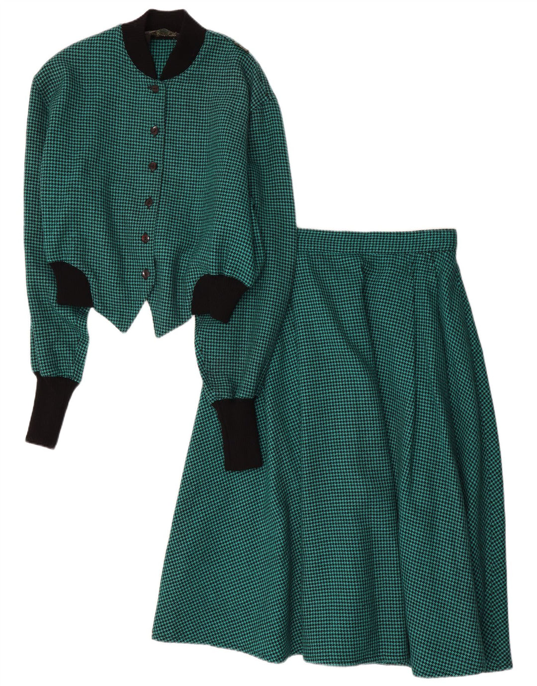 Conjunto de saia feminina vintage de 2 peças IT 44 Médio W28 Verde Houndstooth
