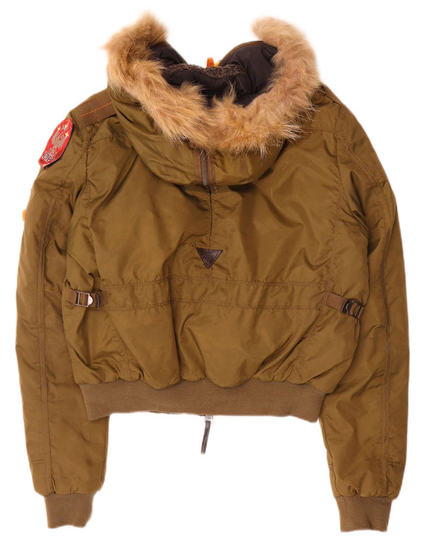 Jaqueta bomber com capuz feminina vintage UK 16 grande poliamida cáqui