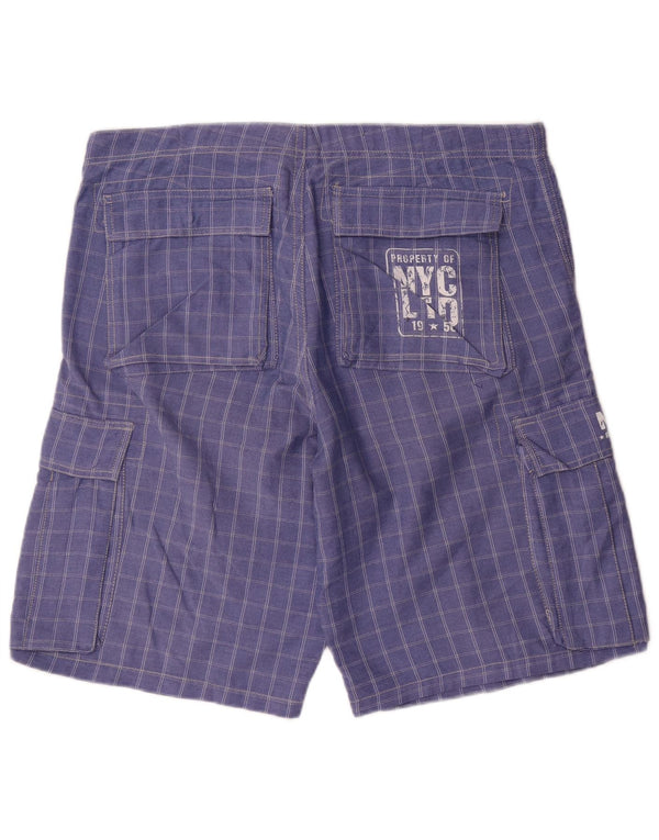 Shorts cargo masculino vintage gráfico W36 grande algodão xadrez azul