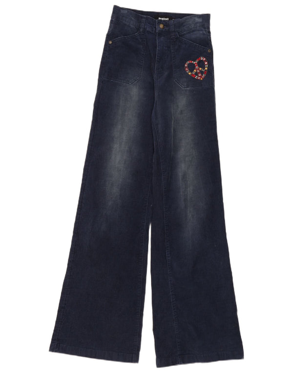 Calça feminina de veludo Desigual cintura alta EU 34 XS W26 L33 azul marinho