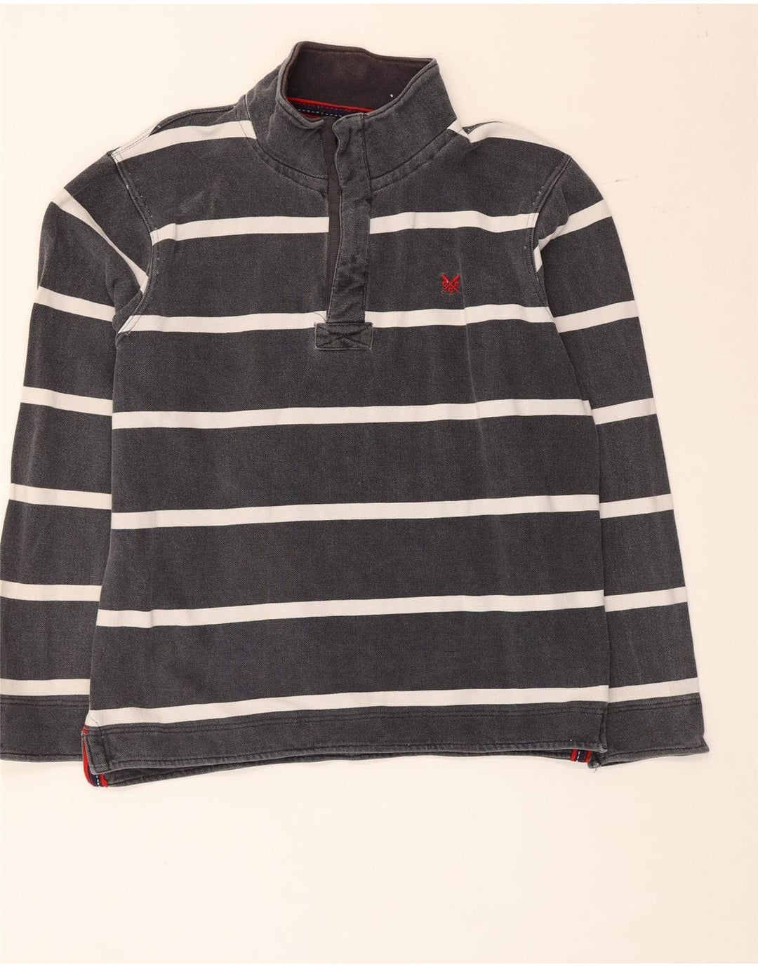 Crew Clothing Mens Botão Pescoço Moletom Jumper Pequeno Algodão Listrado Cinza