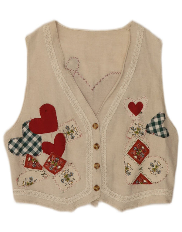 Colete feminino vintage Reino Unido 14 médio bege floral algodão coração