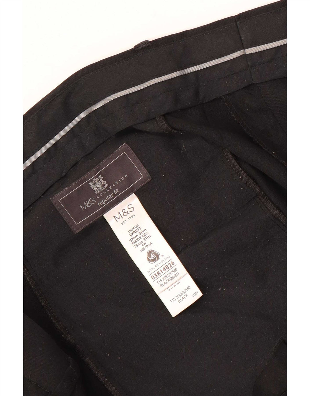 Calça masculina de ajuste regular Marks & Spencer W38 L31 lã preta