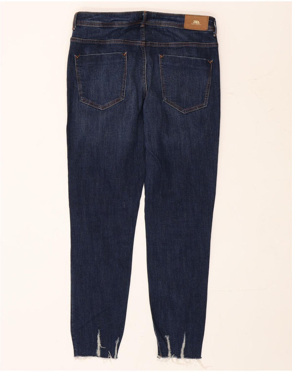 Zara Jeans feminino slim desgastado UE 42 grande W32 L28 algodão azul marinho