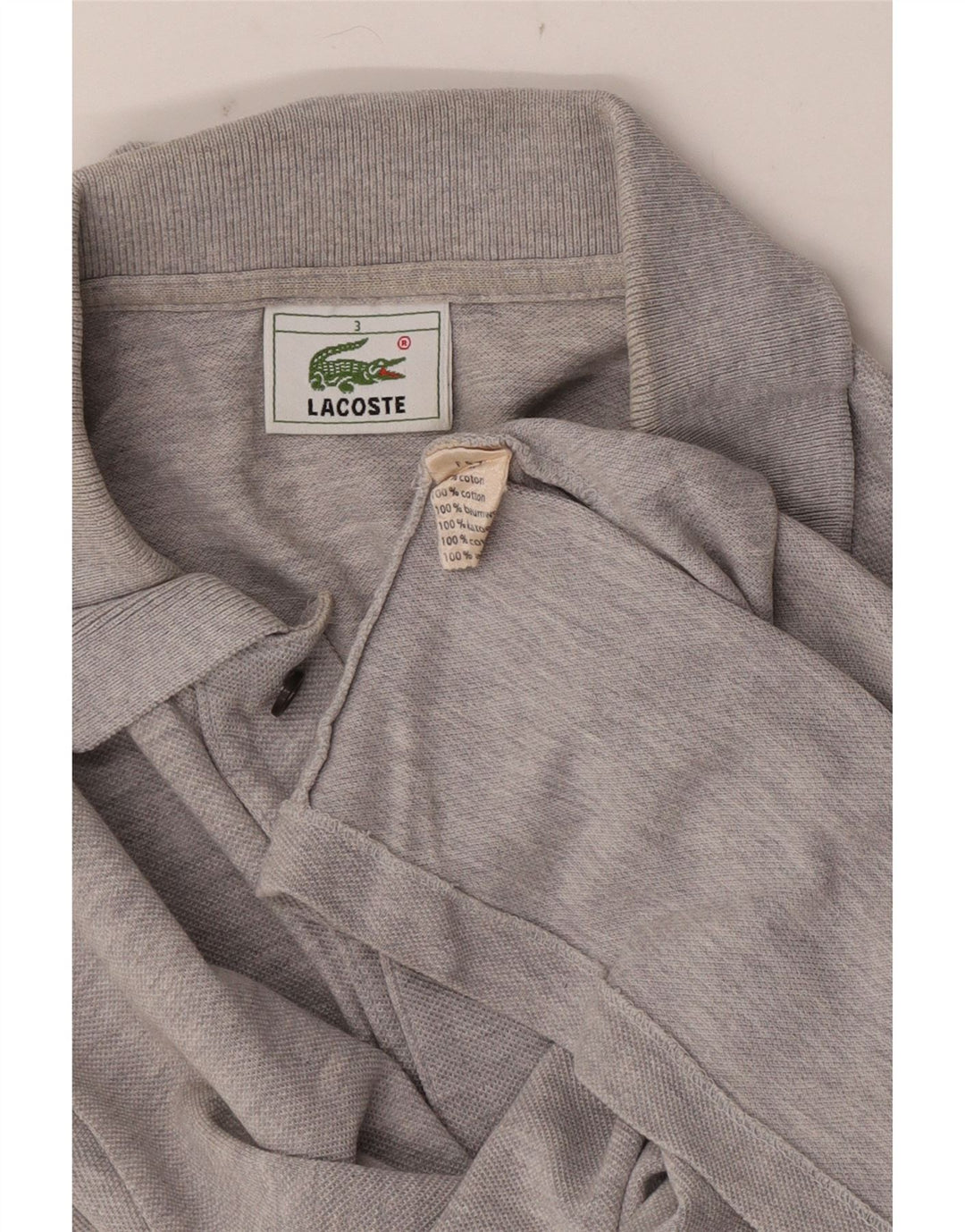 Camisa polo masculina Lacoste tamanho 3 pequeno algodão manchado cinza