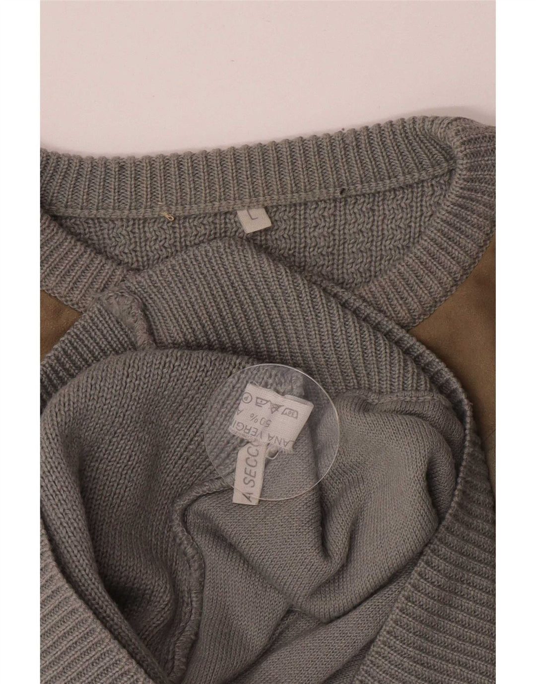 Suéter vintage masculino com gola redonda, grande lã colorblock cinza