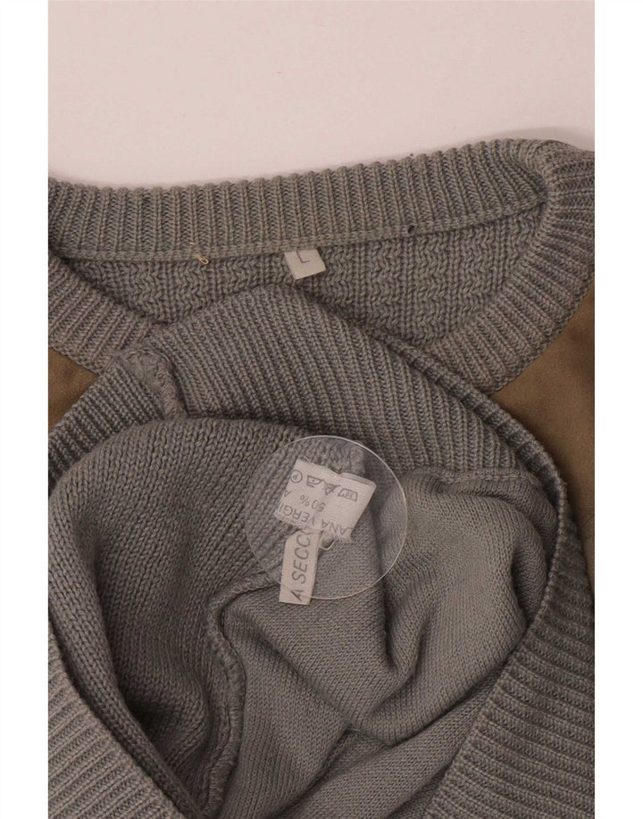 Suéter vintage masculino com gola redonda, grande lã colorblock cinza