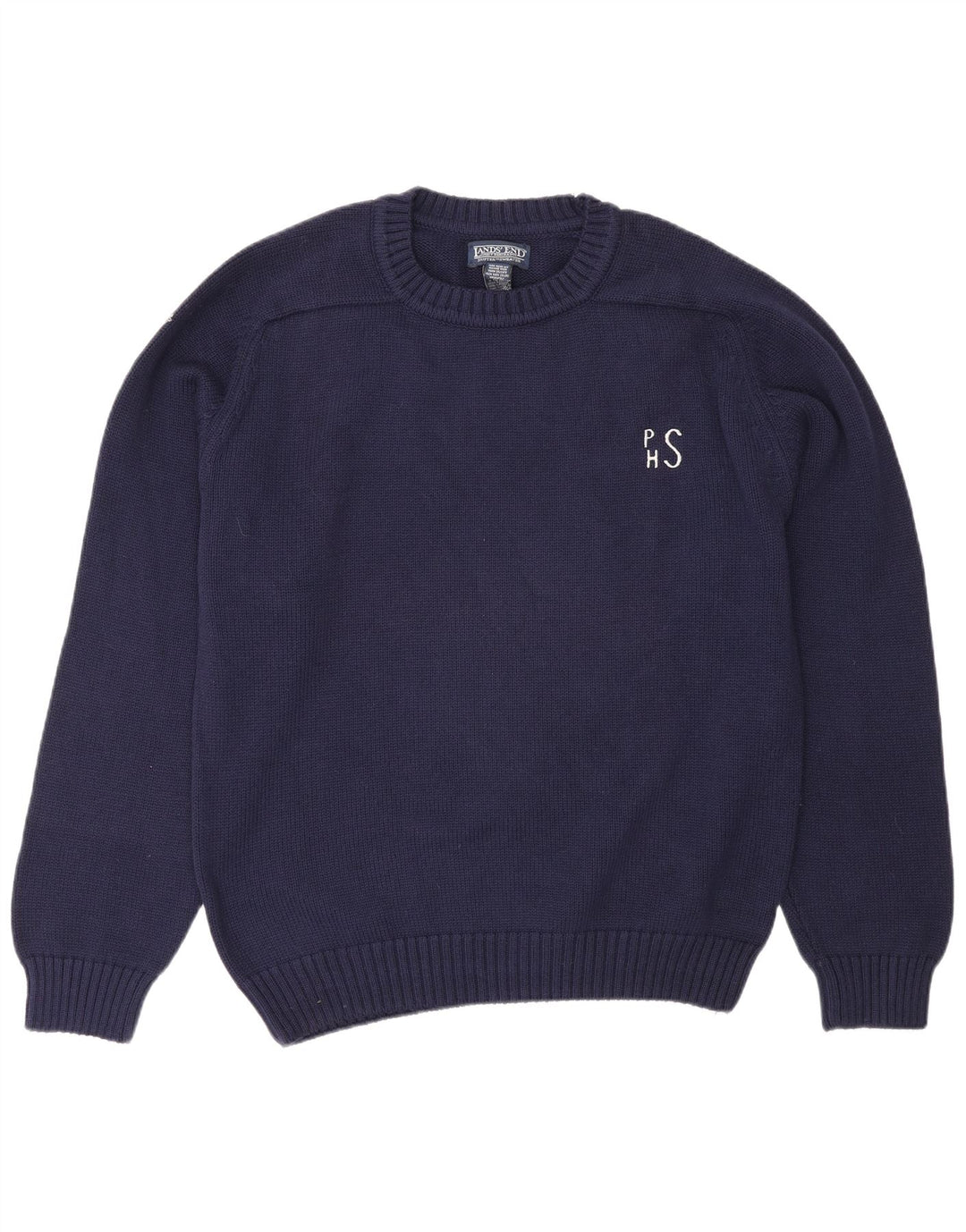 Suéter masculino Lands End com gola redonda, lã azul marinho médio