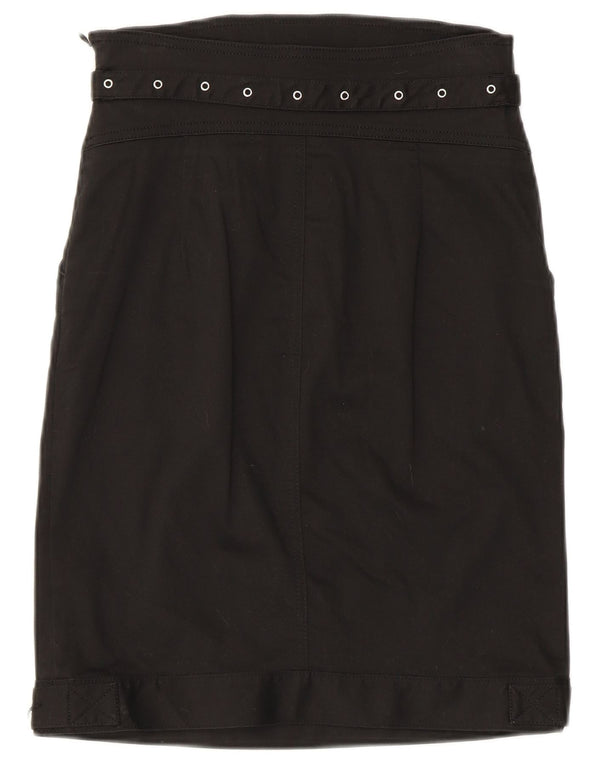 Saia reta feminina Moschino UK 8 pequena W28 algodão preto
