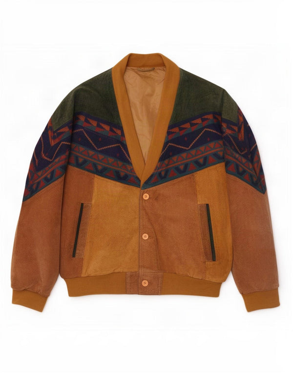 Jaqueta bomber masculina vintage de camurça solta ajuste Reino Unido 38 médio bege geométrico