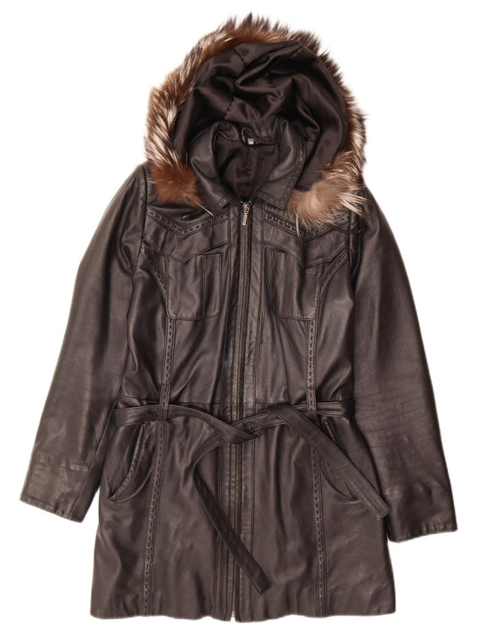 Casaco de couro com capuz feminino vintage UK 14 médio preto