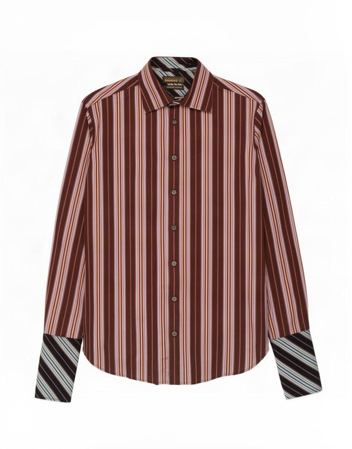 Camisa formal masculina Ted Baker tamanho 38 15 algodão listrado marrom médio
